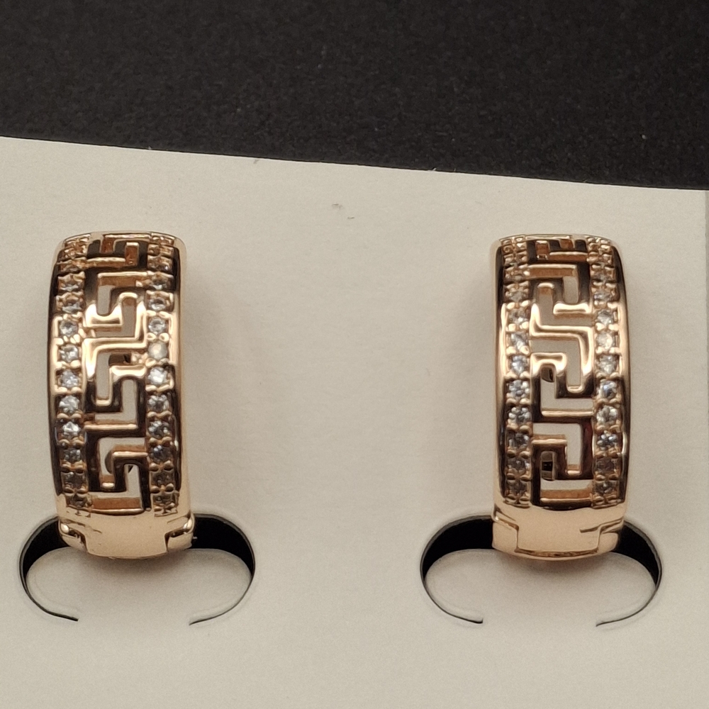 Rose Gold Greek Key Hoop Earrings with Crystals - Picture 2 of 4